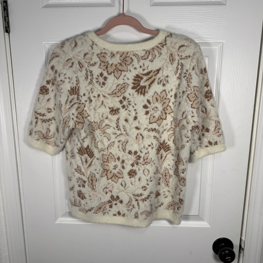 Rachel Zoe Cream and Tan Floral Fuzzy Sweater Top - Picture 4 of 8